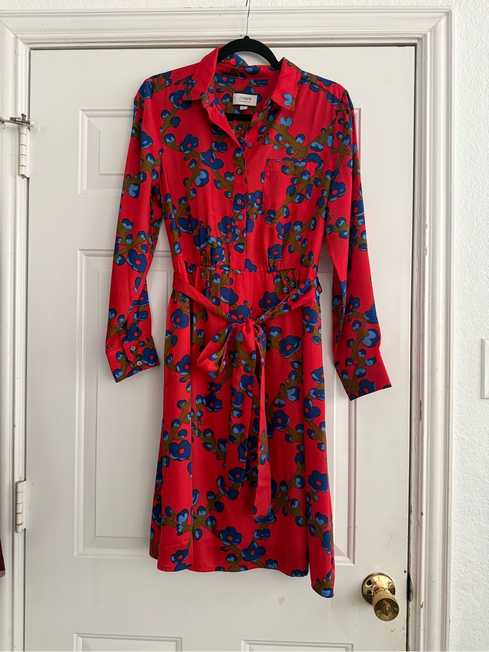 J. Crew Red Floral Long-Sleeve Shirt Dress with Tie Waist